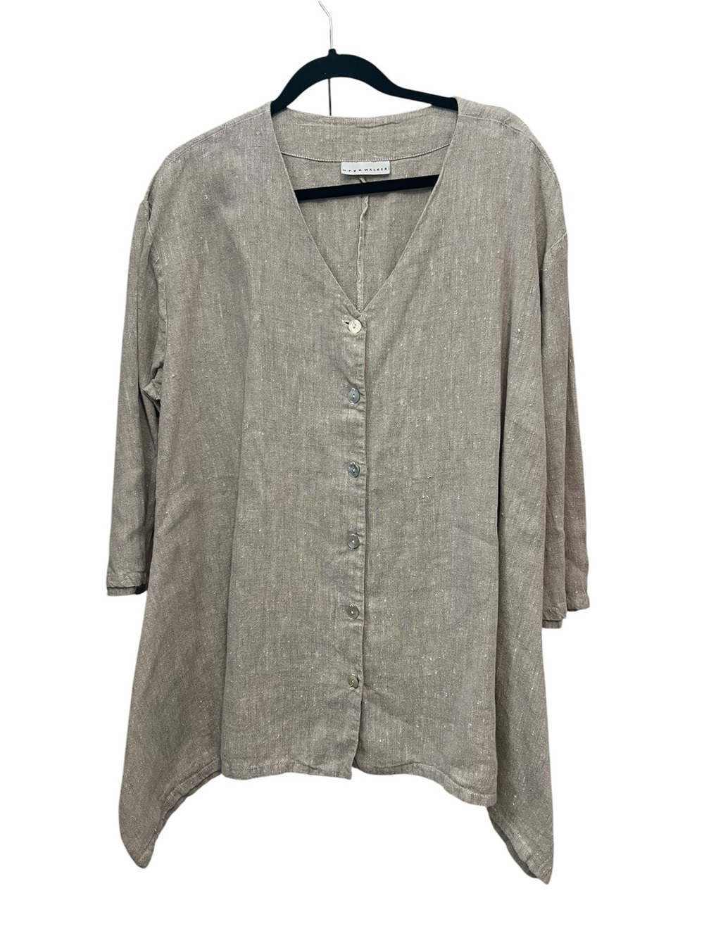 bryn Walker Taupe Button-Front Relaxed V-Neck Top 100% linen